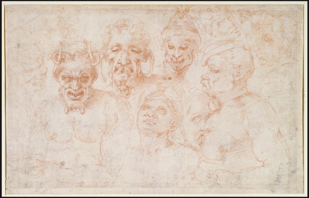 Grotesque heads and further studies, Michelangelo Buonarroti, Michelangelo Buonarroti;  school