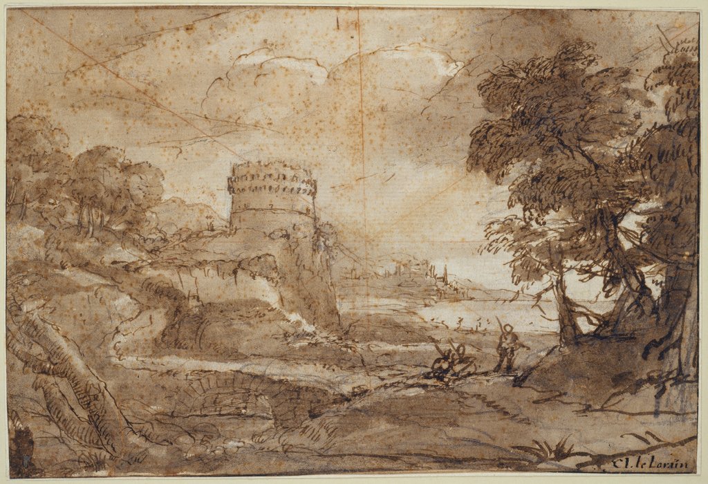 Landscape with a Round Tower and Bay, Claude Lorrain