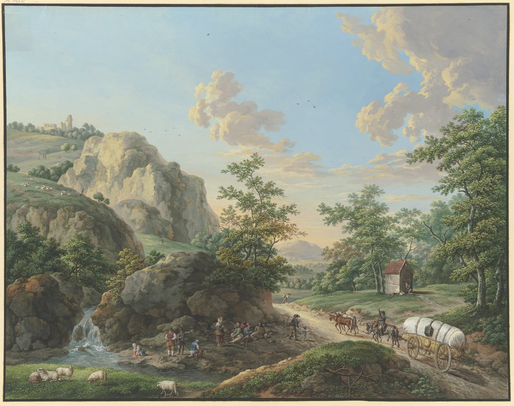 Gebirgslandschaft, ein Packwagen fährt auf der Landstraße rechts, Karl Franz Kraul