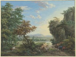 Wiesengrund an Fluß und Wald, rechts hohe Felsen, Karl Franz Kraul