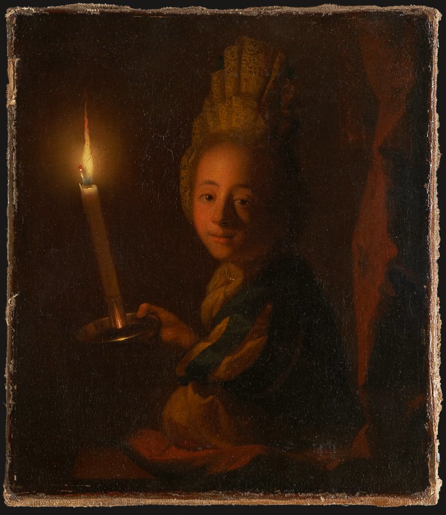 Mädchen mit hoher Haube und brennender Kerze, Godfried Schalcken