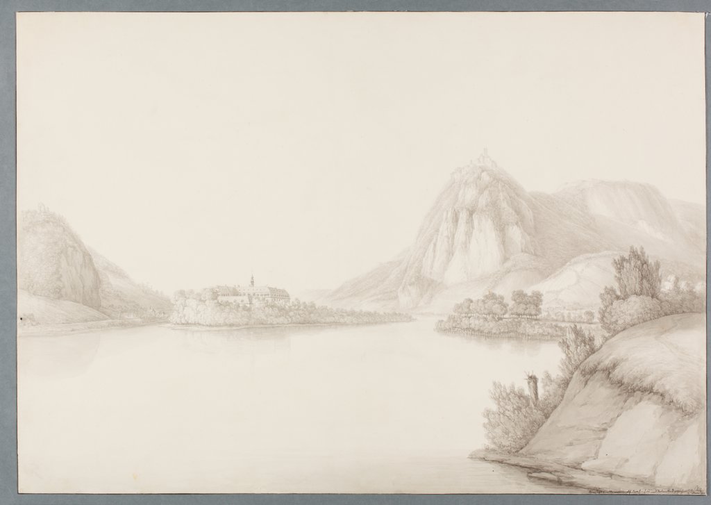 Blick in das Rheintal mit Kloster Nonnenwerth, dem Drachenfels und Rolandseck, Christian Georg Schütz