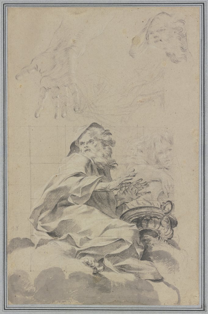 Studienblatt mit der Personifikation des Winters und zwei Nymphen mit Wasserkrug sowie Detailskizzen, Carle van Loo;   ?, Jean-Baptiste van Loo;   ?