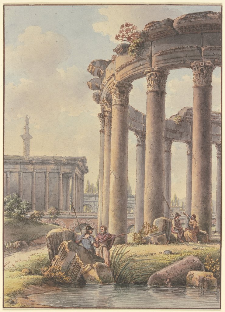 Architektonisches Capriccio: Ruinen eines Rundtempels, im Hintergrund die Trajansäule, Victor Jean Nicolle