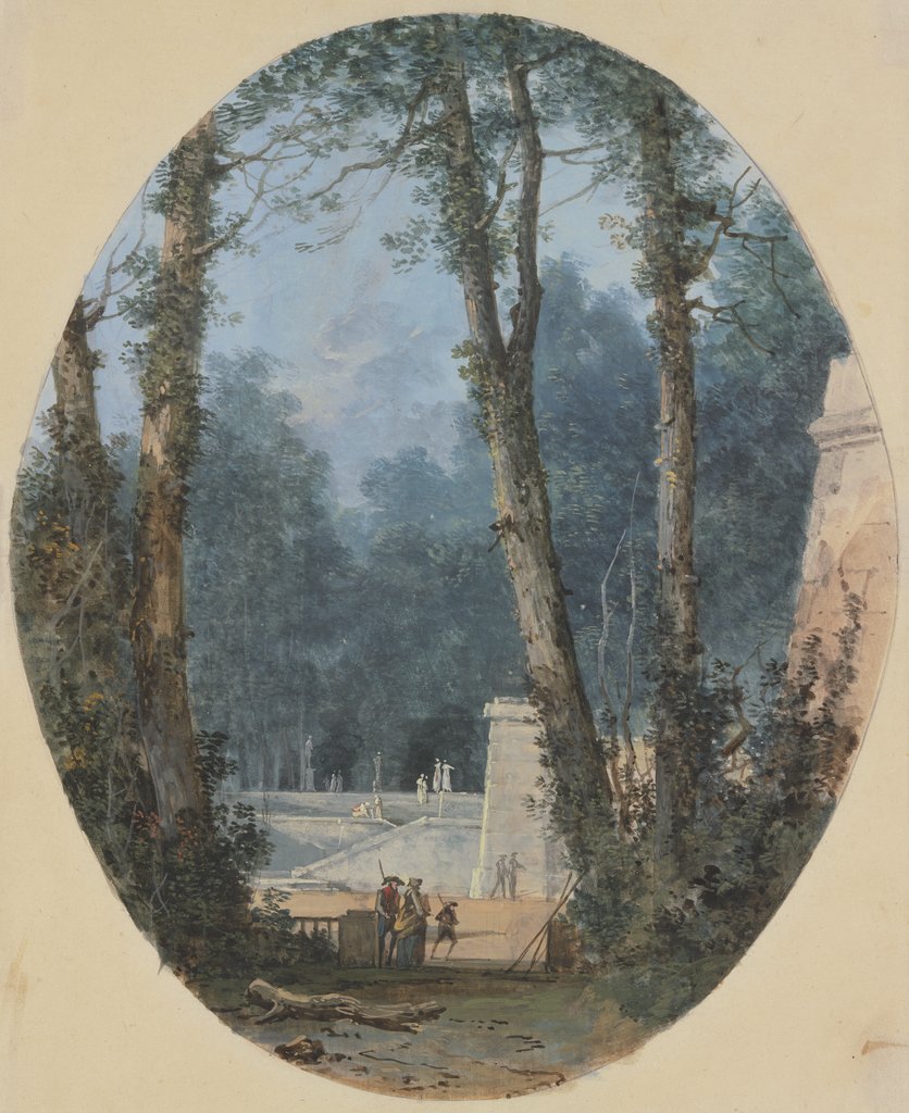 Parklandschaft mit hohen Bäumen und steinerner Rampe im Mittelgrund, Louis Gabriel Moreau