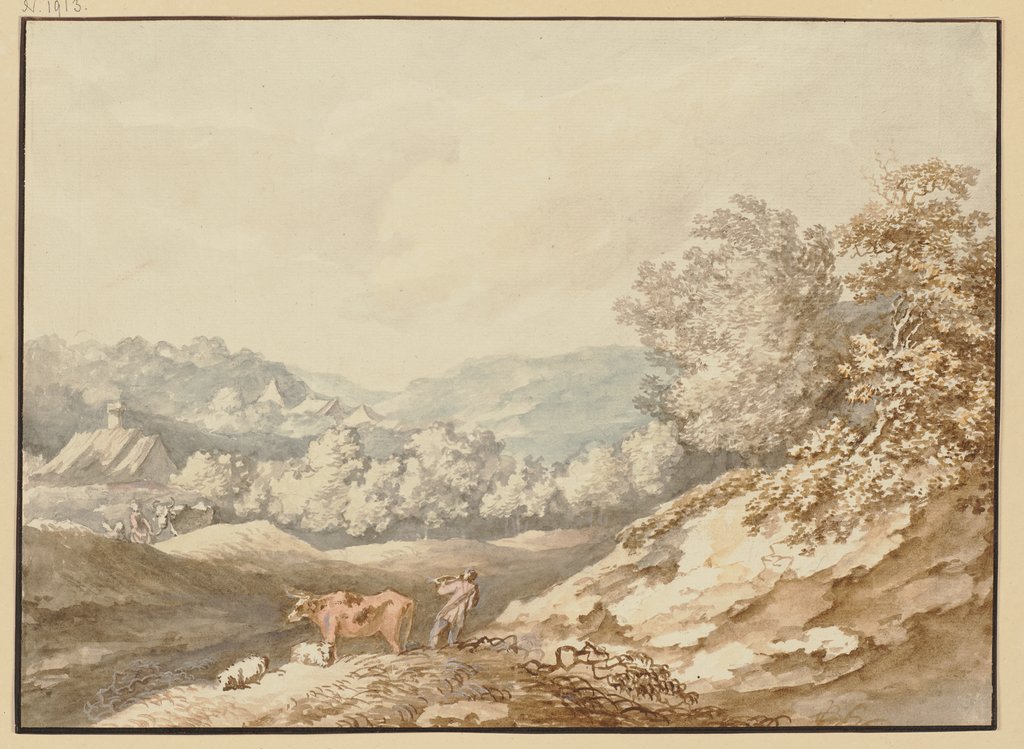 Mittelgebirgslandschaft mit einem Dorf im Mittelgrund, Carl Kuntz