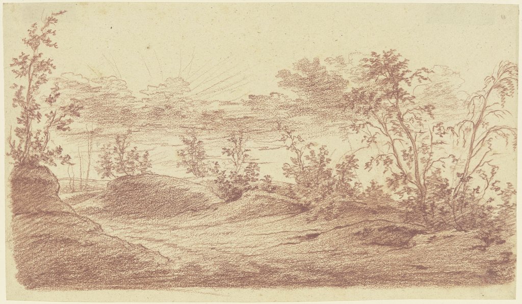 Abendlandschaft, im Vordergrund ein Waldweg mit lichtem Buschwerk, Christian Gottfried Mathes