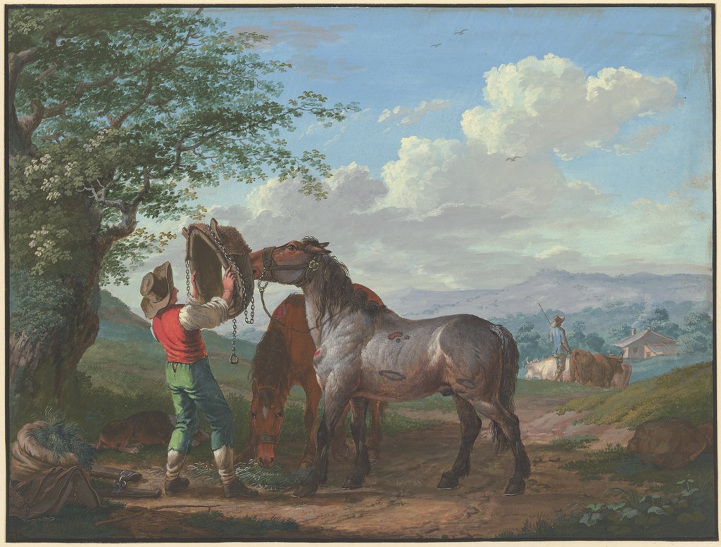 Zwei Pferde auf dem Felde unter einem Baum, Johann Georg Pforr