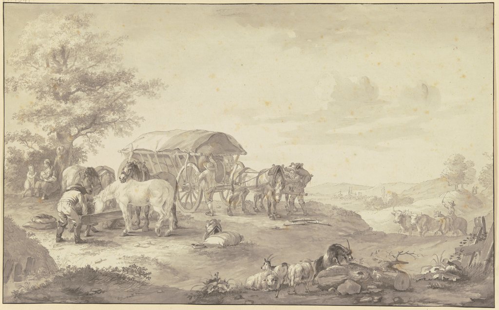 Ein mit Säcken beladener Lastwagen auf dem Feld unter einem Baum, Johann Georg Pforr