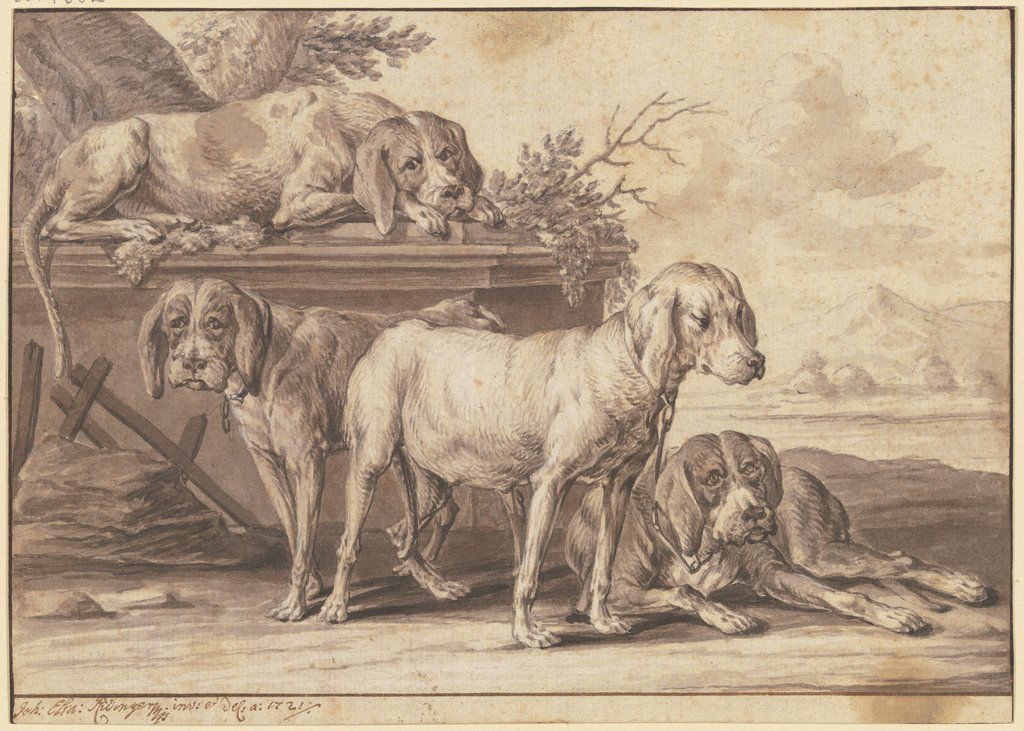 Four hunting dogs, Johann Elias Ridinger