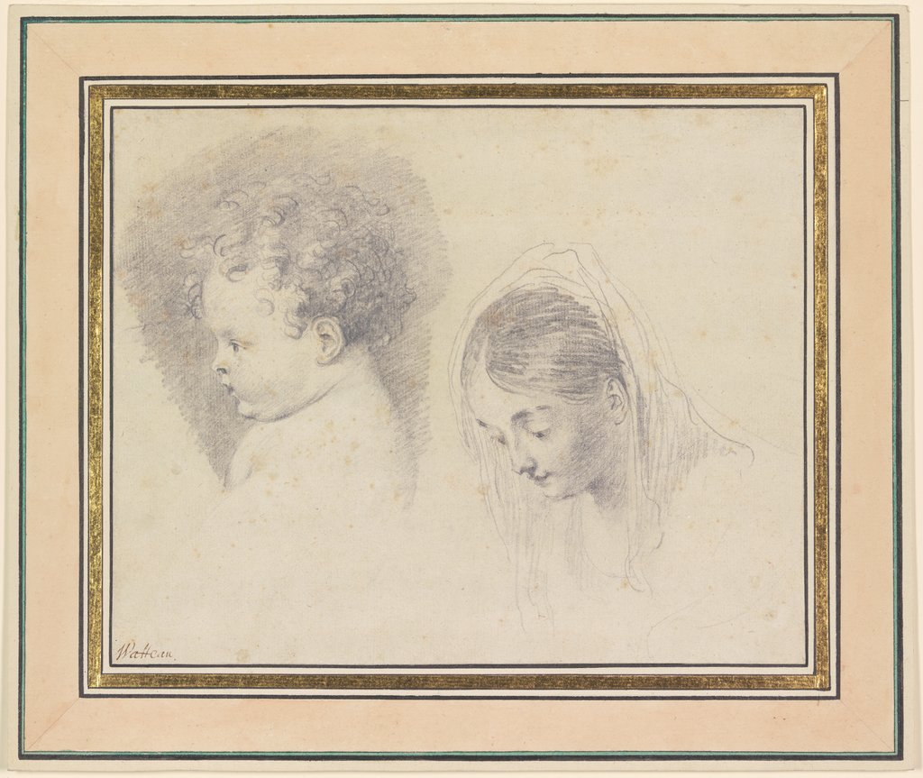 Kinderkopf im Profil nach links und Kopf einer jungen Frau mit gesenktem Blick, Jean-Antoine Watteau