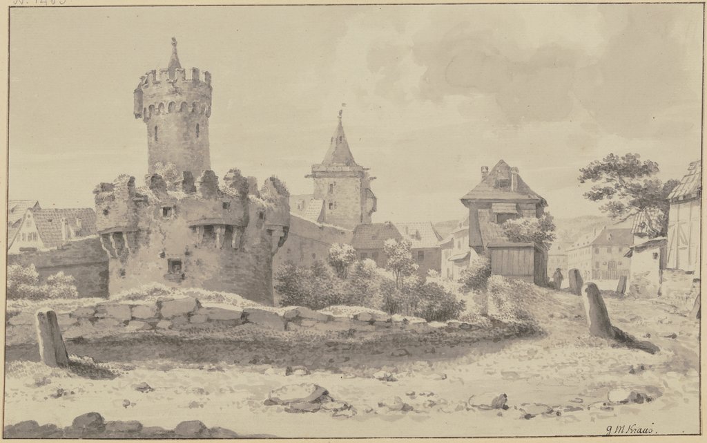 Die Stadtmauer von Jena mit dem Pulverturm und dem Johannistor, Georg Melchior Kraus