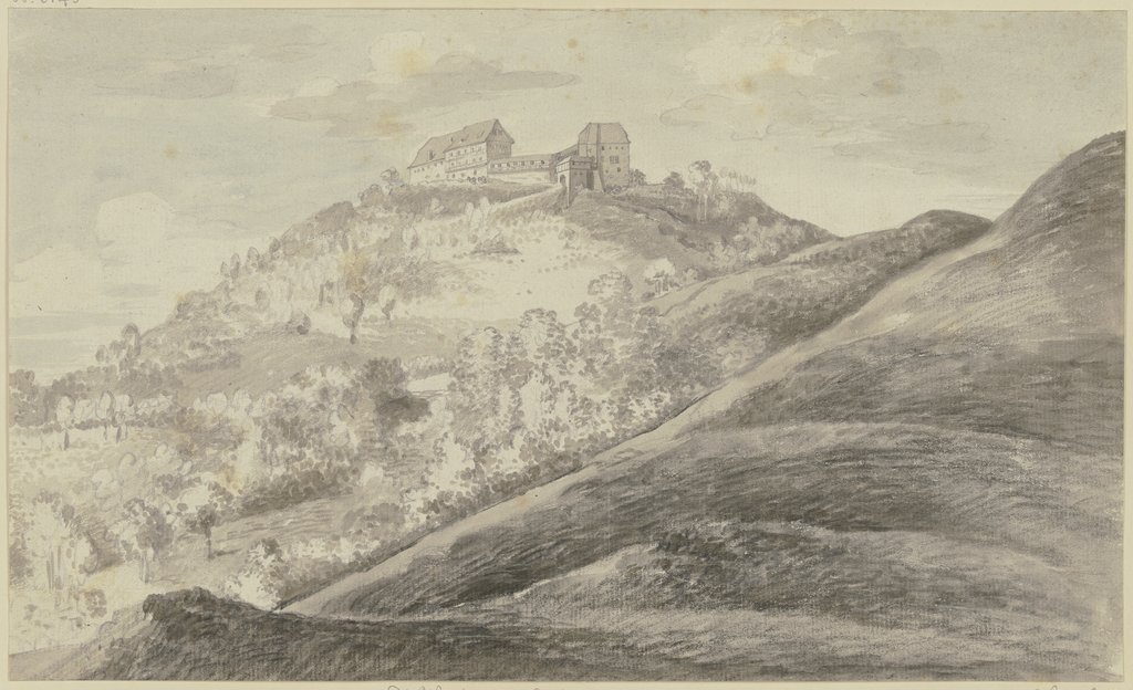 Blick auf die Wartburg vom Schloßberg aus, im Vordergrund ein kahler, nach rechts ansteigender Hang, Georg Melchior Kraus