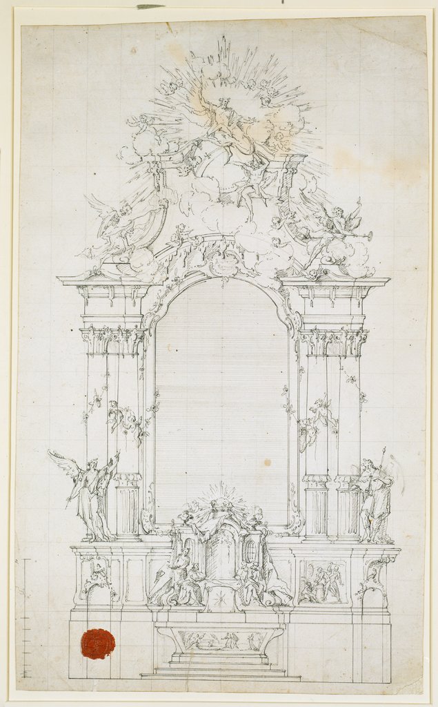Altarentwurf: Je zwei glatte Säulen tragen den Auszug mit Gottvater und Engeln, neben den Säulen zwei stehende Engel Gabriel und Raphael, am Tabernakel Christus in Emmaus, rechts daneben die Geißelung Christi, Johann Baptist Straub