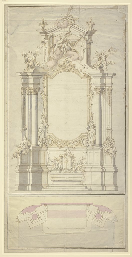 Altarentwurf: Rechts und links von der Rahmung für das Altarblatt stehen die beiden Johannes, zu Füßen der Säulen rechts und links sitzt je eine allegorische weibliche Gestalt, Johann Baptist Straub