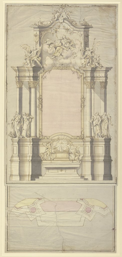 Altarentwurf: An den Säulen links der Heilige Petrus und die Heilige Margarethe, rechts der Heilige Paulus und die Heilige Ottilie; unten auf einem angesetzten Blatt der Grundriss des Altares, Johann Baptist Straub