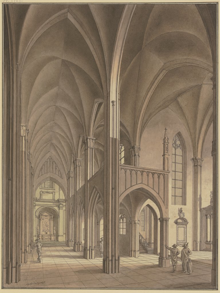 Blick in eine gotische Kirche mit Staffagefiguren in Kostümen des 17. Jahrhunderts, Johann H. Vögelin