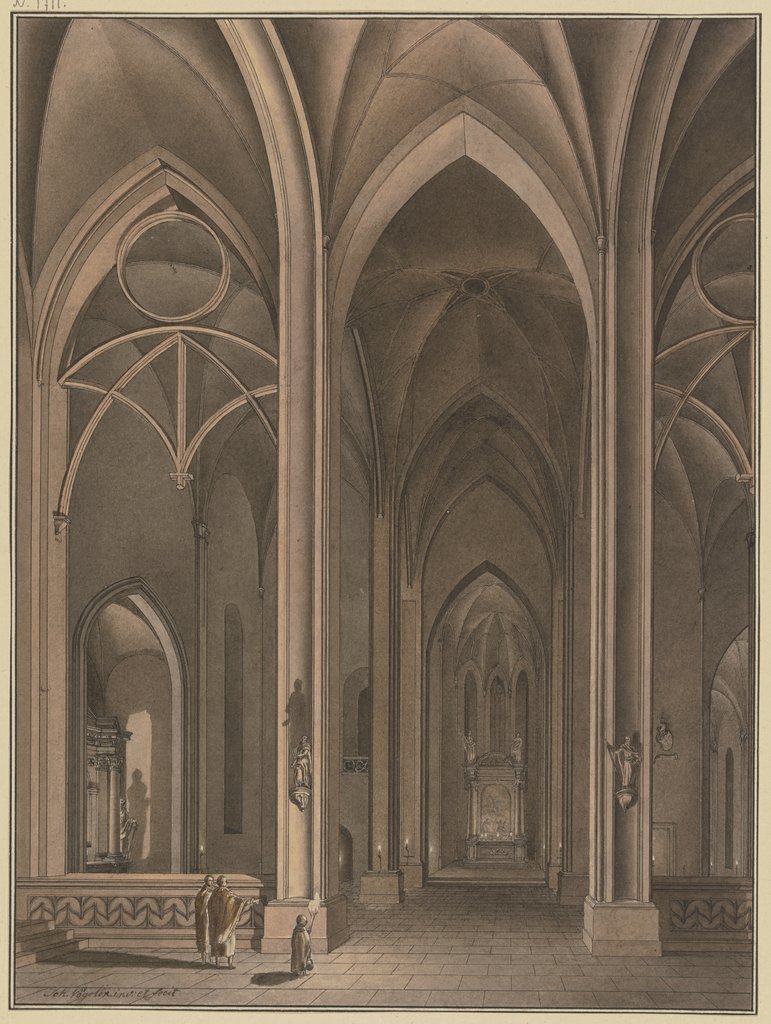 Blick in die Seitenkapelle einer gotischen Kirche, in Abendbeleuchtung; im Vordergrund ein Chorknabe mit einer Fackel und zwei Priester, Johann H. Vögelin