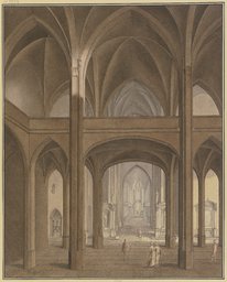 Blick auf Lettner und Chor einer gotischen Kirche mit Renaissance-Altären und Staffagefiguren im Kostüm des 17. Jahrhunderts, Johann H. Vögelin