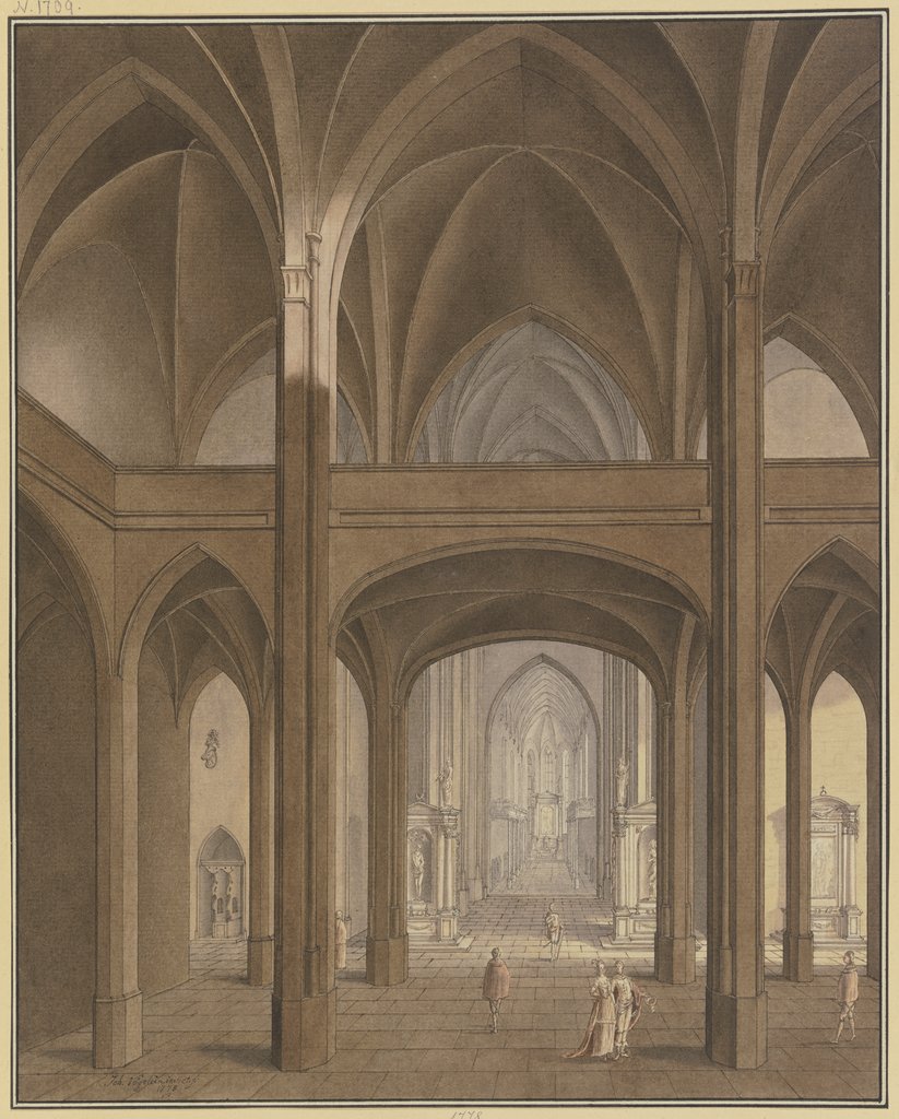 Blick auf Lettner und Chor einer gotischen Kirche mit Renaissance-Altären und Staffagefiguren im Kostüm des 17. Jahrhunderts, Johann H. Vögelin