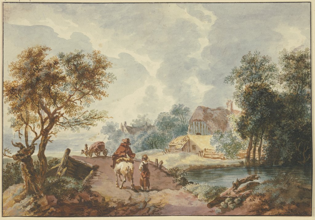 Baumreiche Landschaft, im Vordergrund ein Weg, der über eine Brücke führt, Gottlieb Welté