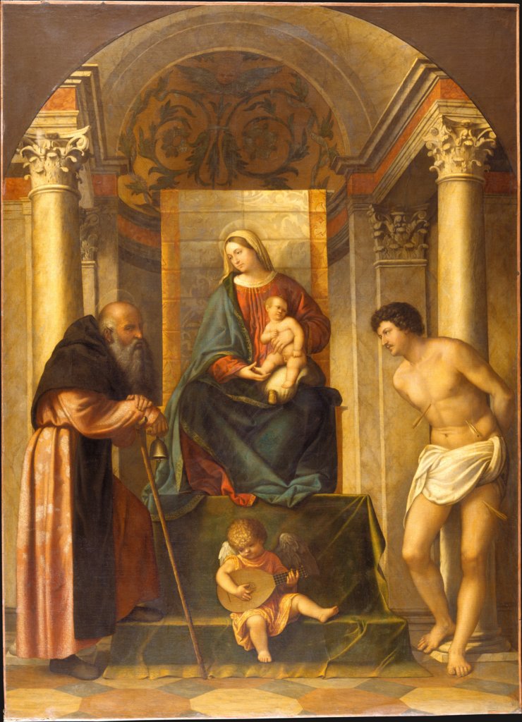 Virgin and Child Enthroned with Saints Anthony Abbot and Sebastian, Moretto da Brescia;  circle