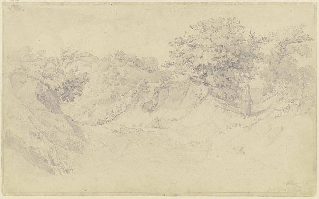 Hohlweg nach Civitella di Olevano, dem heutigen Bellegra, rechts eine wandernde Frau in Rückenansicht, August Lucas