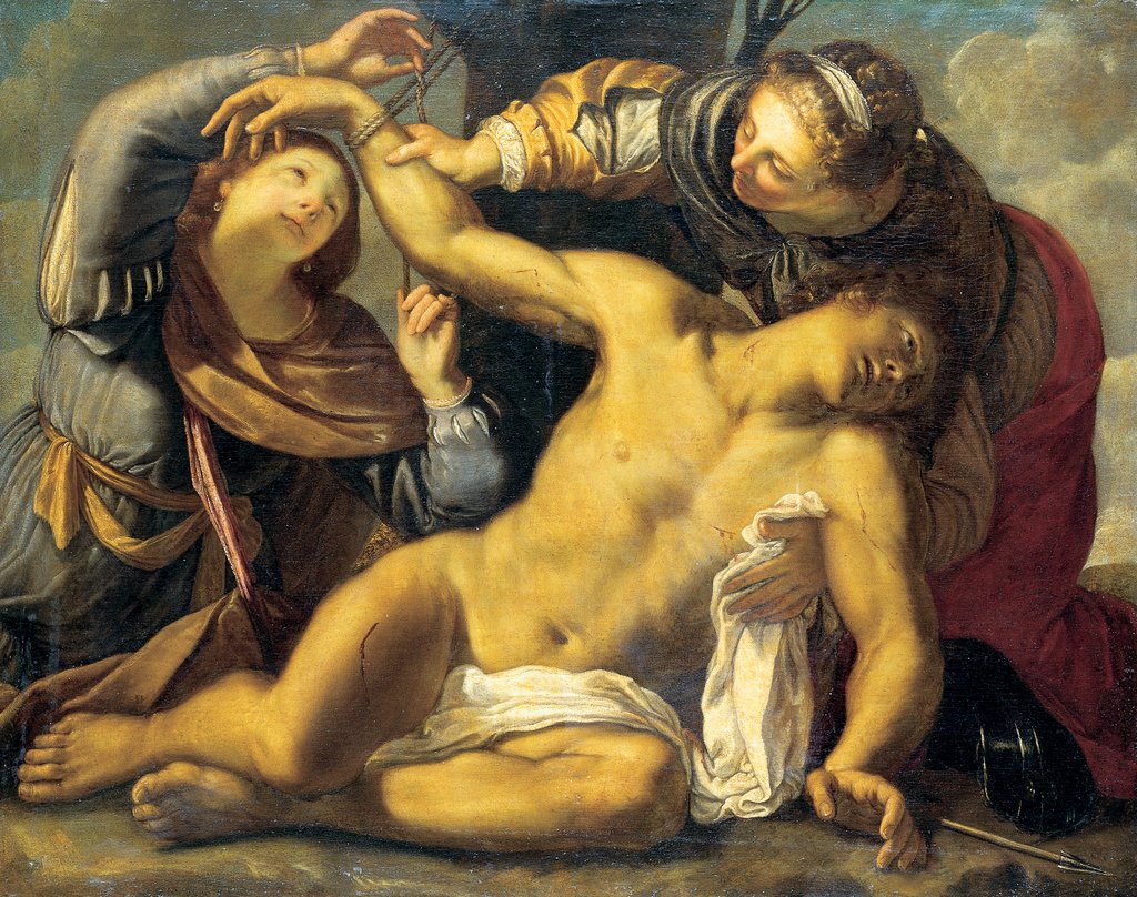 Der heilige Sebastian wird von der heiligen Irene und einer Dienerin gepflegt, Carracci;  Schule