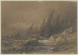 Bach im Hochgebirge mit Tannenwald in starkem Wind, Theodor Verhas