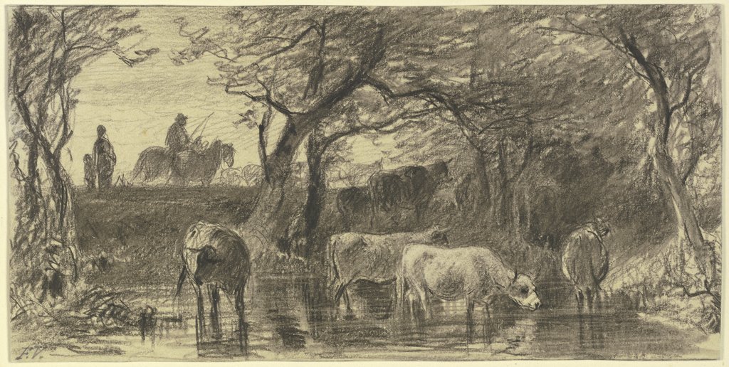 Cows drinking, Friedrich Voltz