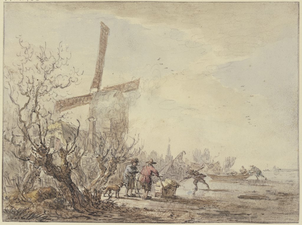 Riverbank with windmill, Jacob van Strij