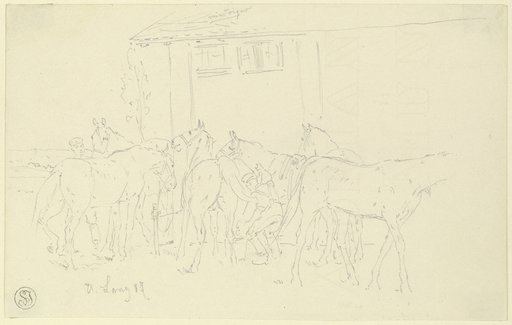 Putzen der Pferde im Lager, Heinrich Lang