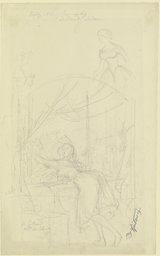 Mädchen am Fenster, einen Blumenstock umarmend, darüber Skizzen zweier Mädchen, Carl Spitzweg