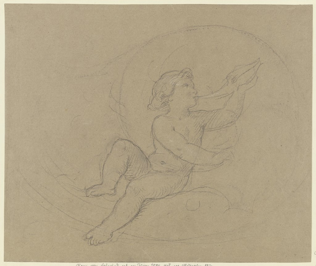 Putto zwischen Ranken, in ein Muschelhorn blasend, Moritz von Schwind