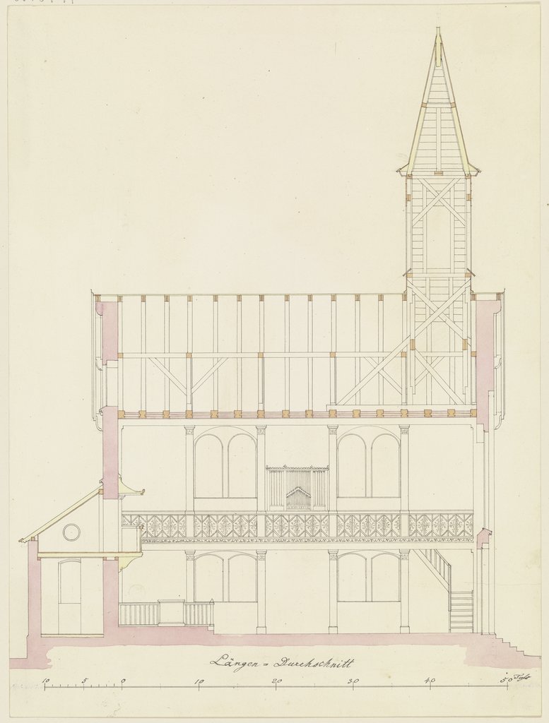 Längsschnitt durch eine Kirche für die Gemeinde Friedrichsdorf, Heinrich Hübsch