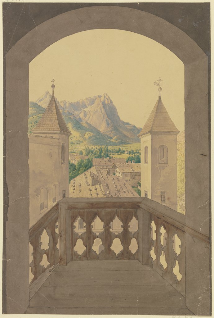 Holzaltan mit Treppe, Aussicht auf ein Tiroler Dorf, in der Ferne Schneeberge, Karl Ballenberger