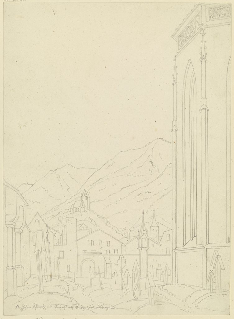 Kirchhof in Schwaz mit Ansicht auf Burg Trundsberg, Karl Ballenberger