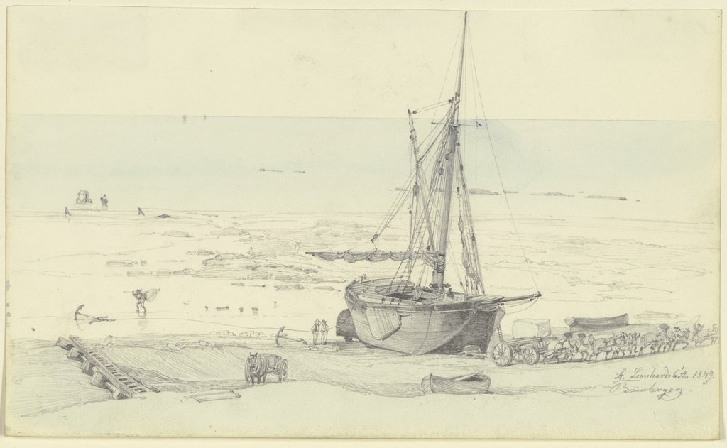 Strand mit großem Fischerboot und Lastwagen, von vier Paar Pferden gezogen, Fritz Bamberger